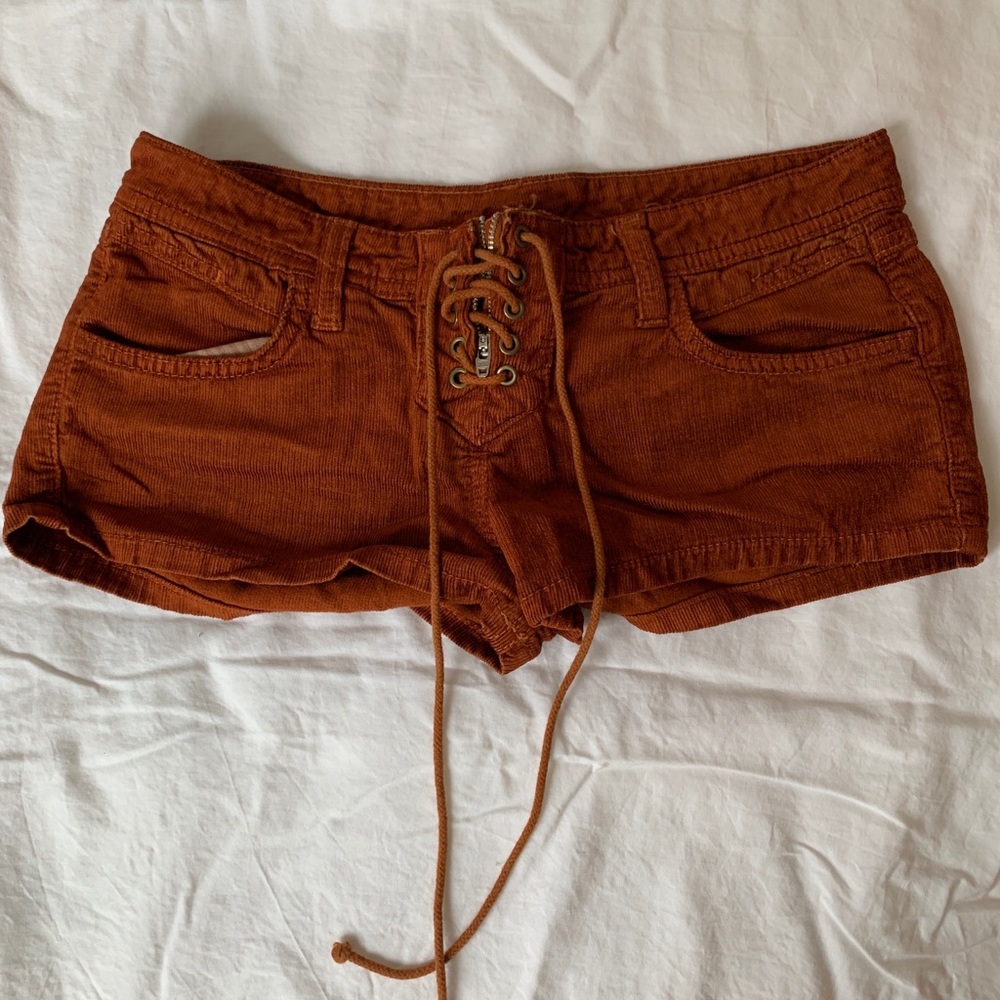 Carmar burnt orange corduroy lace up mini shorts